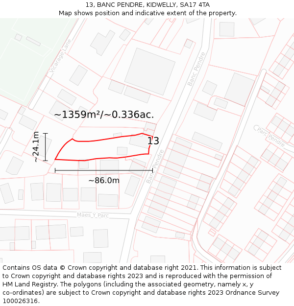 13, BANC PENDRE, KIDWELLY, SA17 4TA: Plot and title map