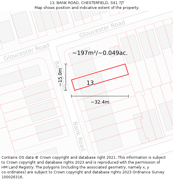 13, BANK ROAD, CHESTERFIELD, S41 7JT: Plot and title map