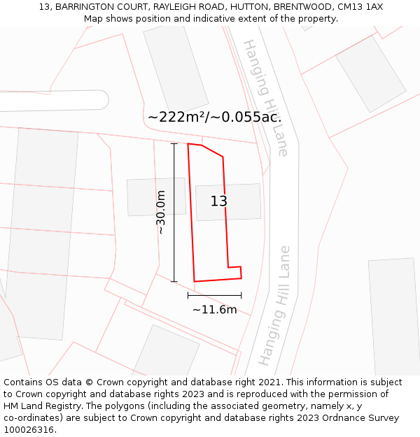 13, BARRINGTON COURT, RAYLEIGH ROAD, HUTTON, BRENTWOOD, CM13 1AX: Plot and title map