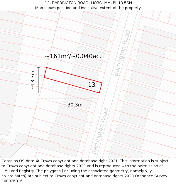 13, BARRINGTON ROAD, HORSHAM, RH13 5SN: Plot and title map