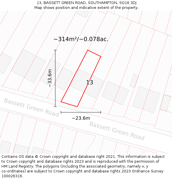 13, BASSETT GREEN ROAD, SOUTHAMPTON, SO16 3DJ: Plot and title map