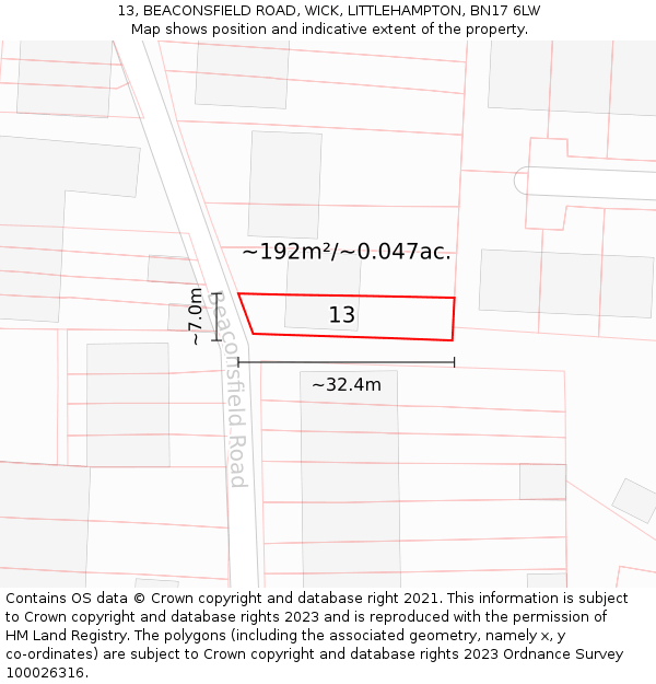 13, BEACONSFIELD ROAD, WICK, LITTLEHAMPTON, BN17 6LW: Plot and title map