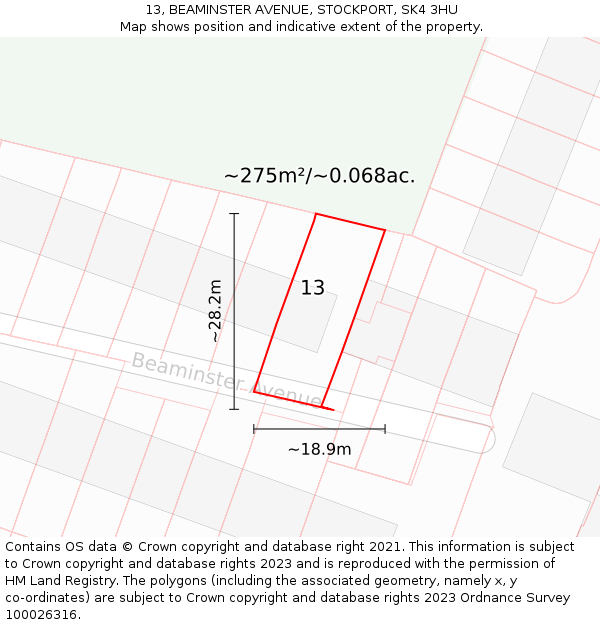13, BEAMINSTER AVENUE, STOCKPORT, SK4 3HU: Plot and title map