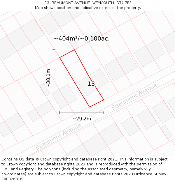 13, BEAUMONT AVENUE, WEYMOUTH, DT4 7RF: Plot and title map