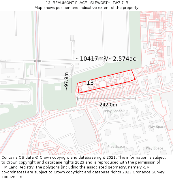 13, BEAUMONT PLACE, ISLEWORTH, TW7 7LB: Plot and title map