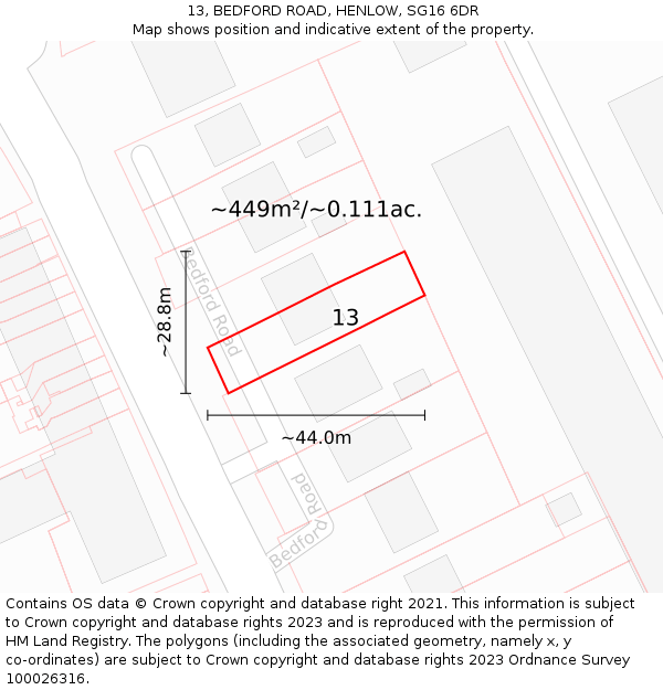 13, BEDFORD ROAD, HENLOW, SG16 6DR: Plot and title map