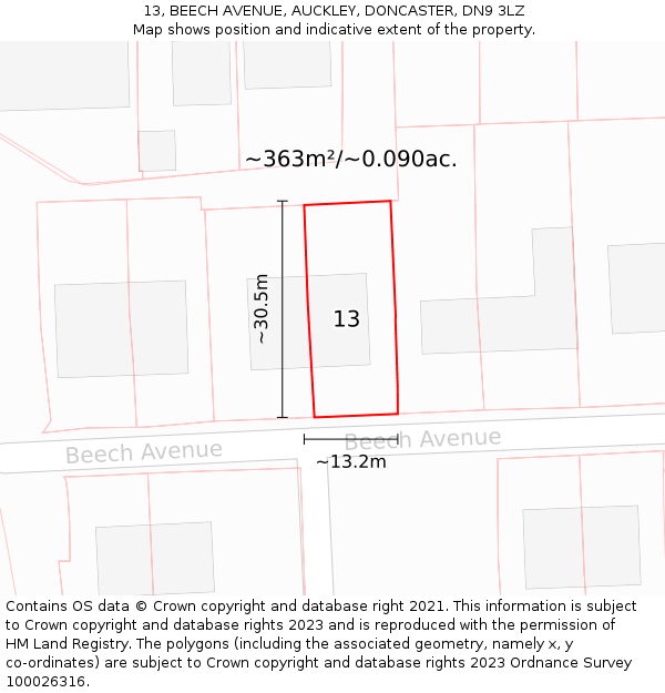 13, BEECH AVENUE, AUCKLEY, DONCASTER, DN9 3LZ: Plot and title map