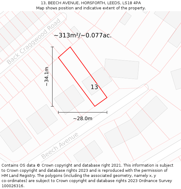 13, BEECH AVENUE, HORSFORTH, LEEDS, LS18 4PA: Plot and title map