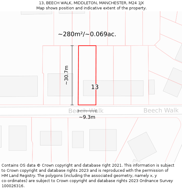 13, BEECH WALK, MIDDLETON, MANCHESTER, M24 1JX: Plot and title map