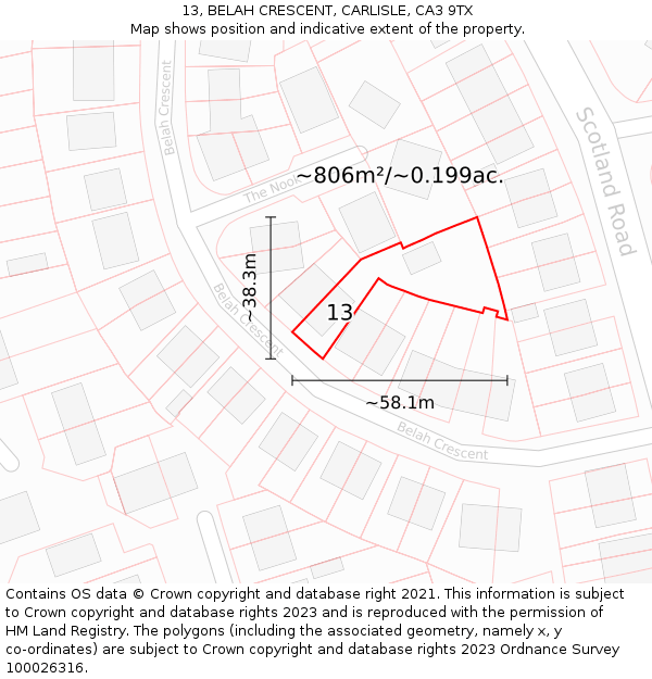 13, BELAH CRESCENT, CARLISLE, CA3 9TX: Plot and title map