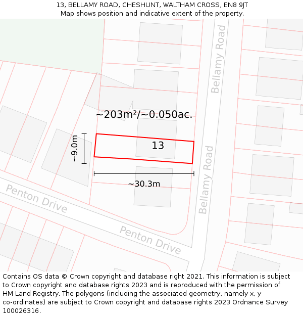 13, BELLAMY ROAD, CHESHUNT, WALTHAM CROSS, EN8 9JT: Plot and title map