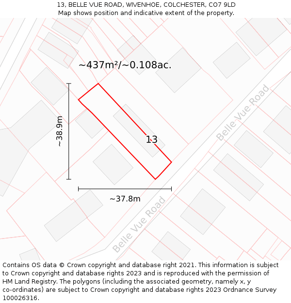 13, BELLE VUE ROAD, WIVENHOE, COLCHESTER, CO7 9LD: Plot and title map