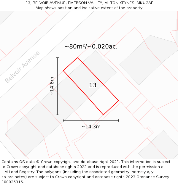 13, BELVOIR AVENUE, EMERSON VALLEY, MILTON KEYNES, MK4 2AE: Plot and title map