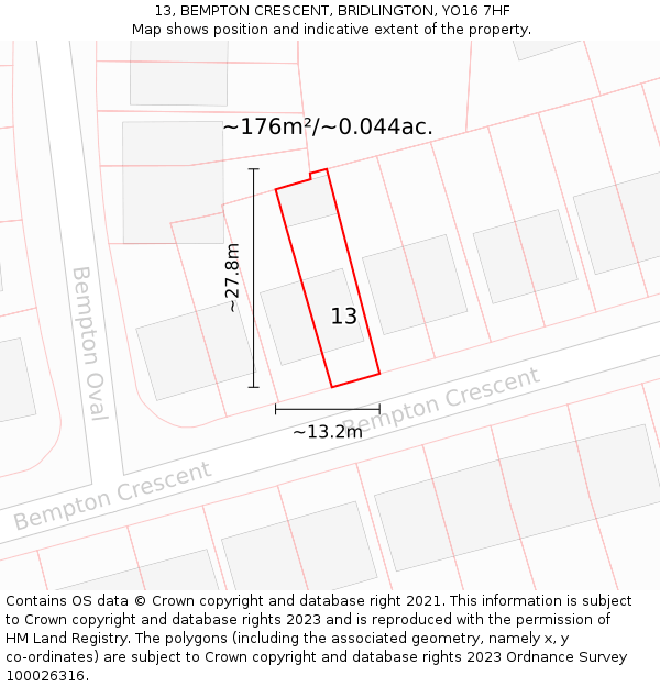 13, BEMPTON CRESCENT, BRIDLINGTON, YO16 7HF: Plot and title map