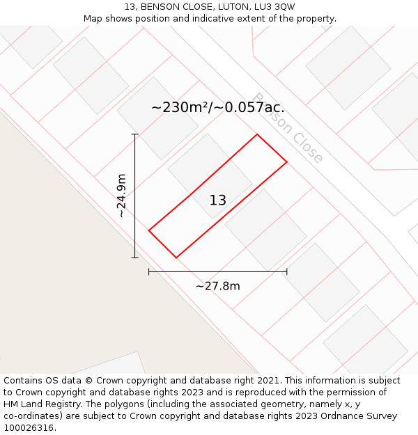 13, BENSON CLOSE, LUTON, LU3 3QW: Plot and title map