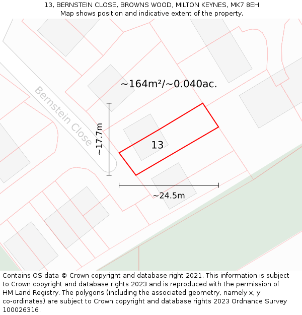 13, BERNSTEIN CLOSE, BROWNS WOOD, MILTON KEYNES, MK7 8EH: Plot and title map