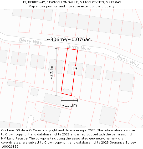 13, BERRY WAY, NEWTON LONGVILLE, MILTON KEYNES, MK17 0AS: Plot and title map