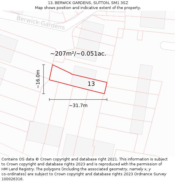 13, BERWICK GARDENS, SUTTON, SM1 3SZ: Plot and title map