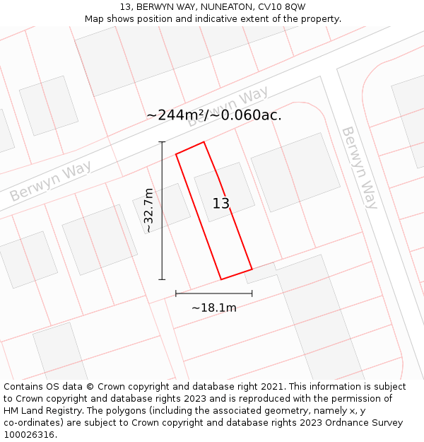 13, BERWYN WAY, NUNEATON, CV10 8QW: Plot and title map