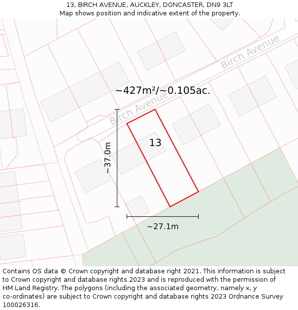 13, BIRCH AVENUE, AUCKLEY, DONCASTER, DN9 3LT: Plot and title map