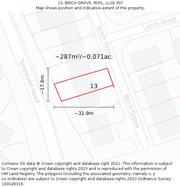 13, BIRCH GROVE, RHYL, LL18 3SY: Plot and title map