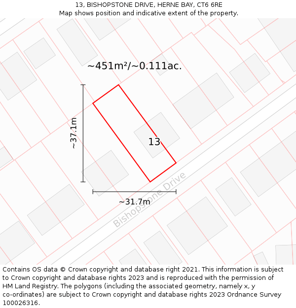 13, BISHOPSTONE DRIVE, HERNE BAY, CT6 6RE: Plot and title map