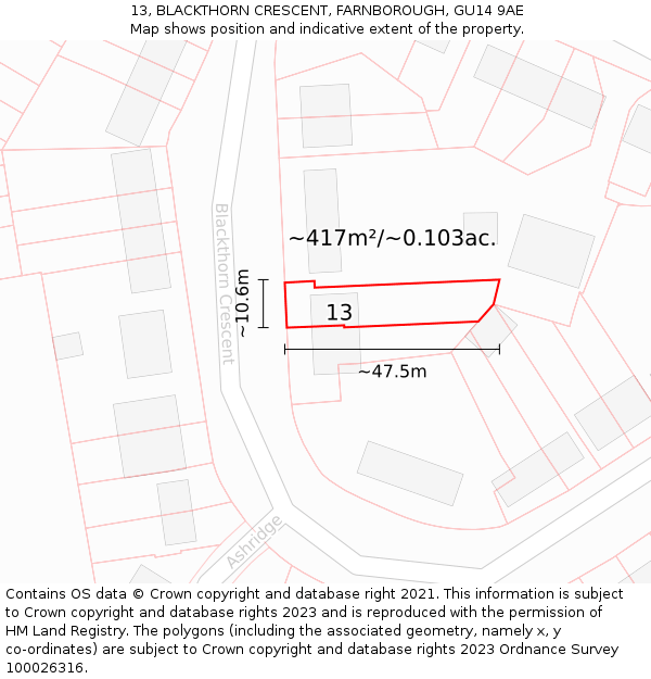 13, BLACKTHORN CRESCENT, FARNBOROUGH, GU14 9AE: Plot and title map