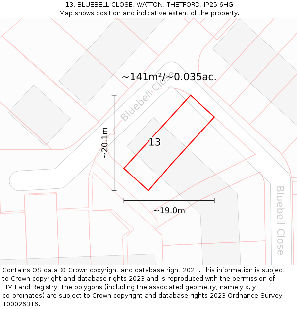 13, BLUEBELL CLOSE, WATTON, THETFORD, IP25 6HG: Plot and title map