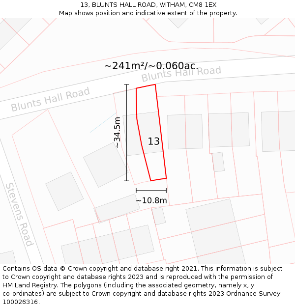 13, BLUNTS HALL ROAD, WITHAM, CM8 1EX: Plot and title map