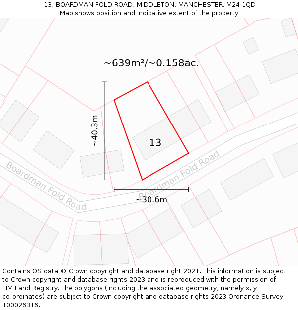 13, BOARDMAN FOLD ROAD, MIDDLETON, MANCHESTER, M24 1QD: Plot and title map