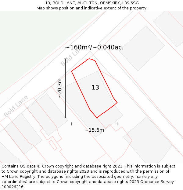 13, BOLD LANE, AUGHTON, ORMSKIRK, L39 6SG: Plot and title map