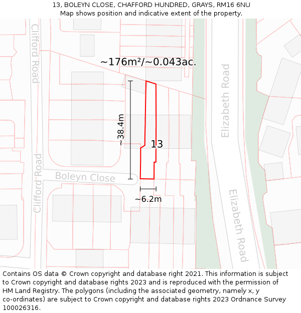 13, BOLEYN CLOSE, CHAFFORD HUNDRED, GRAYS, RM16 6NU: Plot and title map