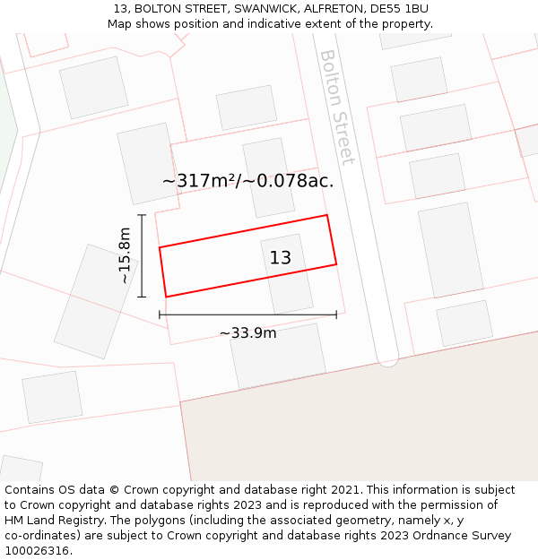 13, BOLTON STREET, SWANWICK, ALFRETON, DE55 1BU: Plot and title map