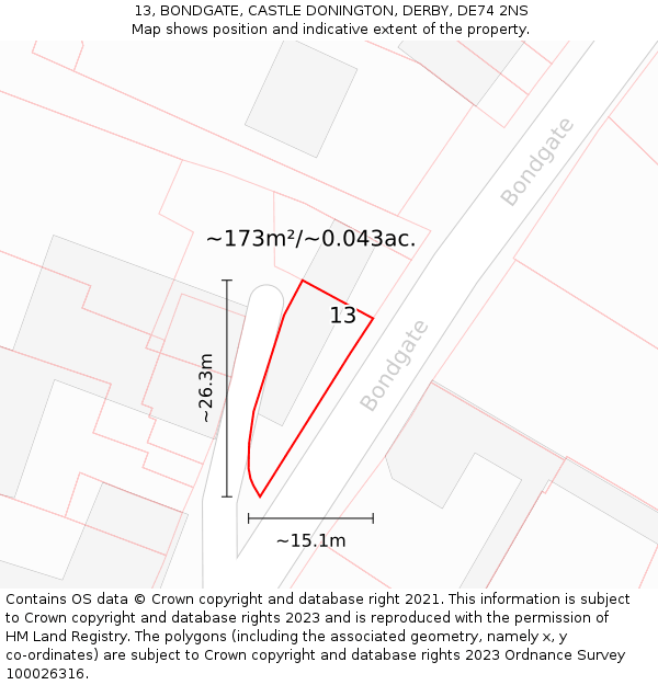 13, BONDGATE, CASTLE DONINGTON, DERBY, DE74 2NS: Plot and title map