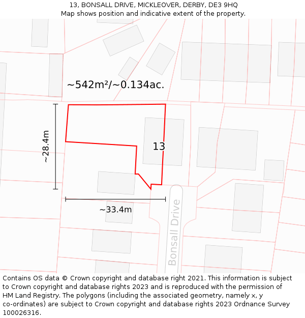 13, BONSALL DRIVE, MICKLEOVER, DERBY, DE3 9HQ: Plot and title map