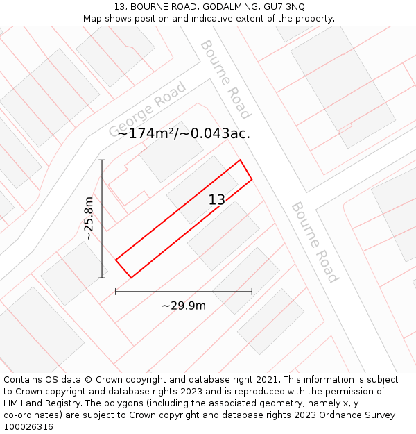 13, BOURNE ROAD, GODALMING, GU7 3NQ: Plot and title map