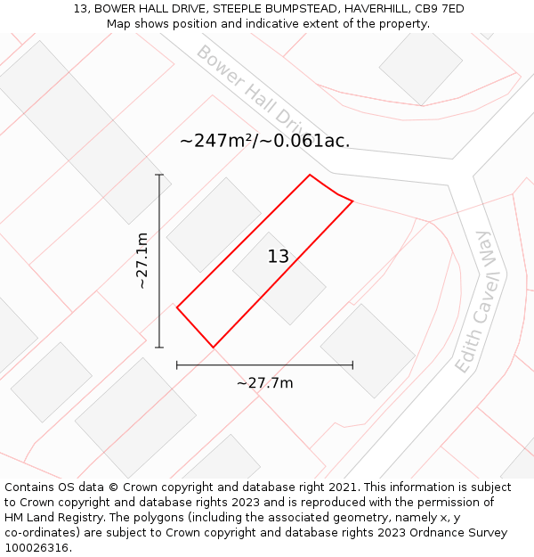 13, BOWER HALL DRIVE, STEEPLE BUMPSTEAD, HAVERHILL, CB9 7ED: Plot and title map