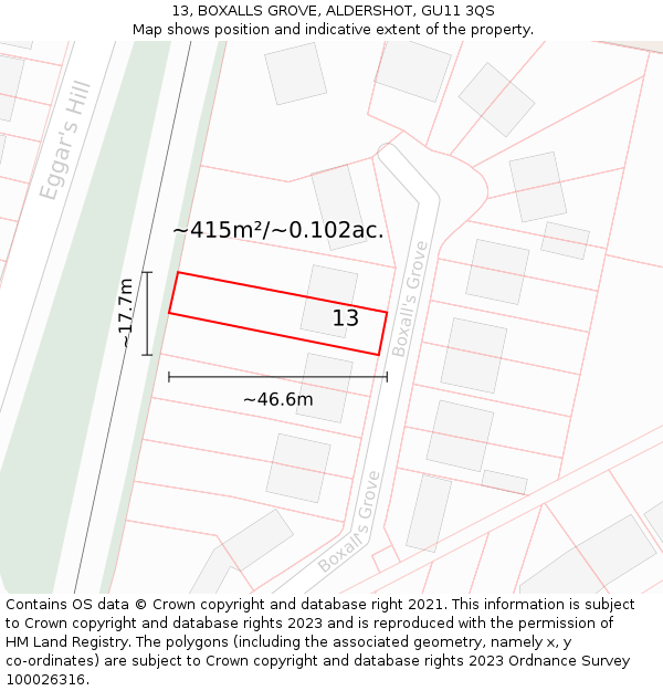 13, BOXALLS GROVE, ALDERSHOT, GU11 3QS: Plot and title map