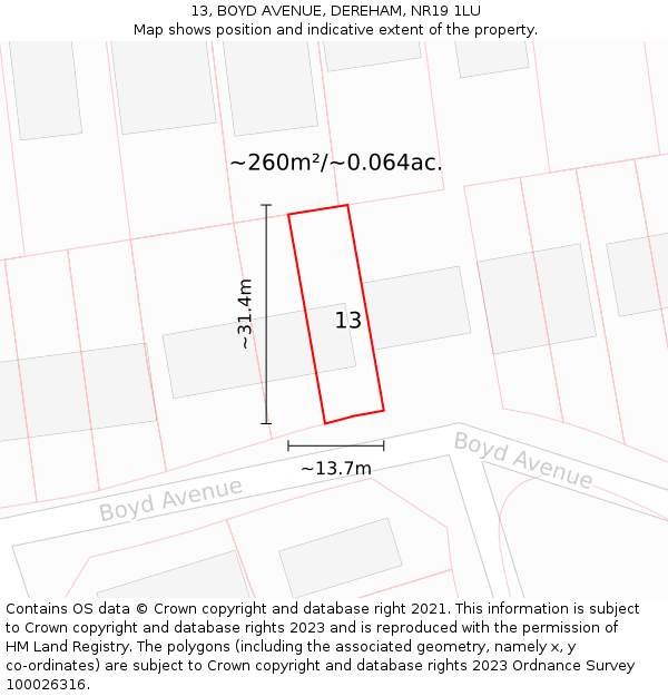 13, BOYD AVENUE, DEREHAM, NR19 1LU: Plot and title map