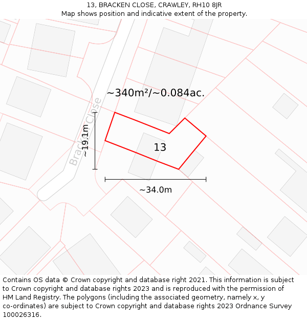 13, BRACKEN CLOSE, CRAWLEY, RH10 8JR: Plot and title map