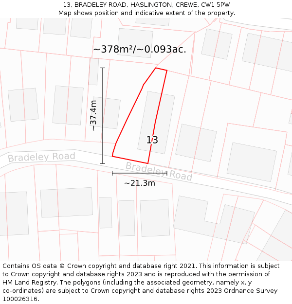 13, BRADELEY ROAD, HASLINGTON, CREWE, CW1 5PW: Plot and title map