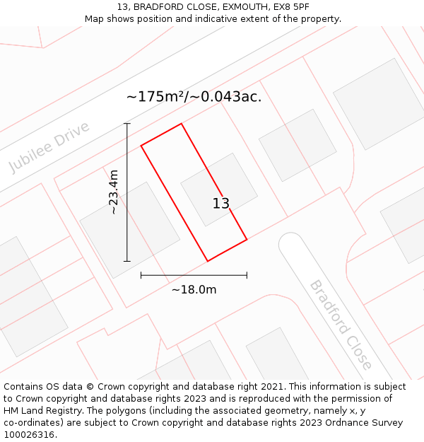 13, BRADFORD CLOSE, EXMOUTH, EX8 5PF: Plot and title map