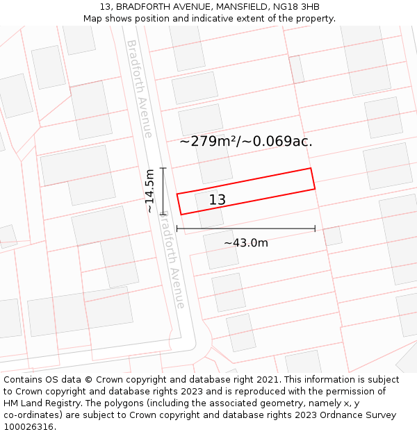 13, BRADFORTH AVENUE, MANSFIELD, NG18 3HB: Plot and title map