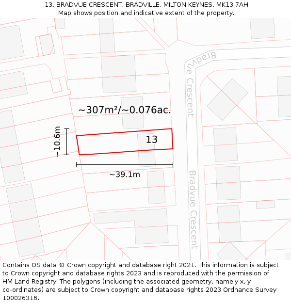 13, BRADVUE CRESCENT, BRADVILLE, MILTON KEYNES, MK13 7AH: Plot and title map