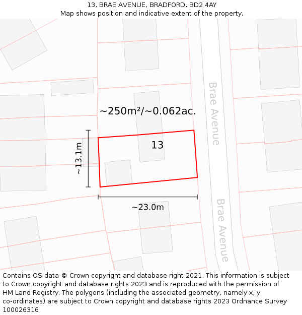 13, BRAE AVENUE, BRADFORD, BD2 4AY: Plot and title map