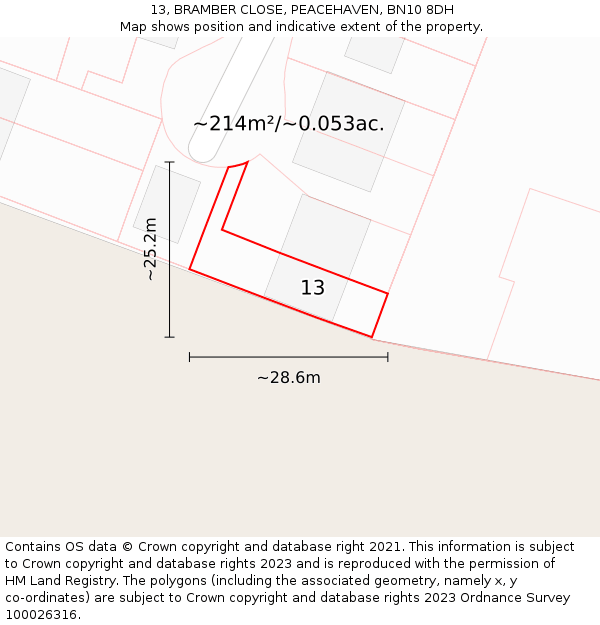 13, BRAMBER CLOSE, PEACEHAVEN, BN10 8DH: Plot and title map