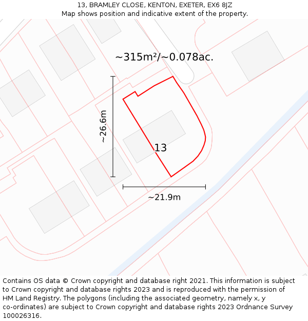 13, BRAMLEY CLOSE, KENTON, EXETER, EX6 8JZ: Plot and title map