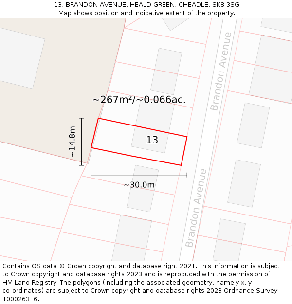 13, BRANDON AVENUE, HEALD GREEN, CHEADLE, SK8 3SG: Plot and title map