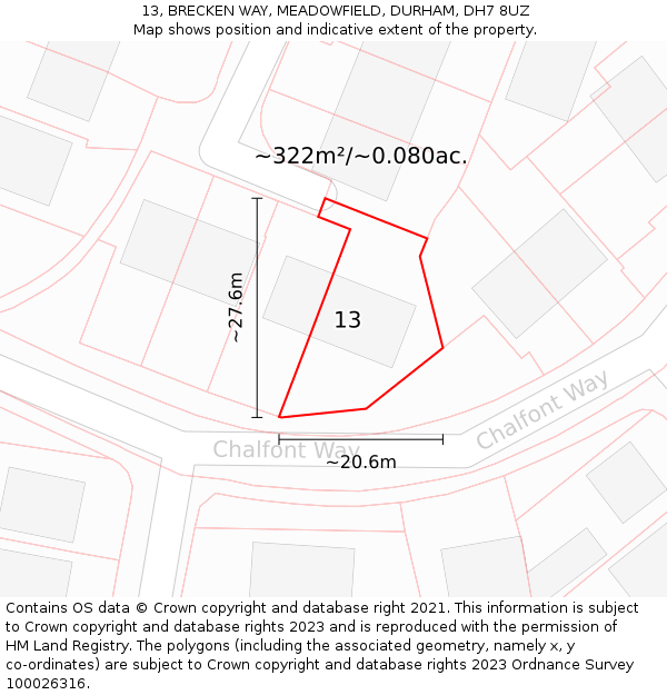 13, BRECKEN WAY, MEADOWFIELD, DURHAM, DH7 8UZ: Plot and title map