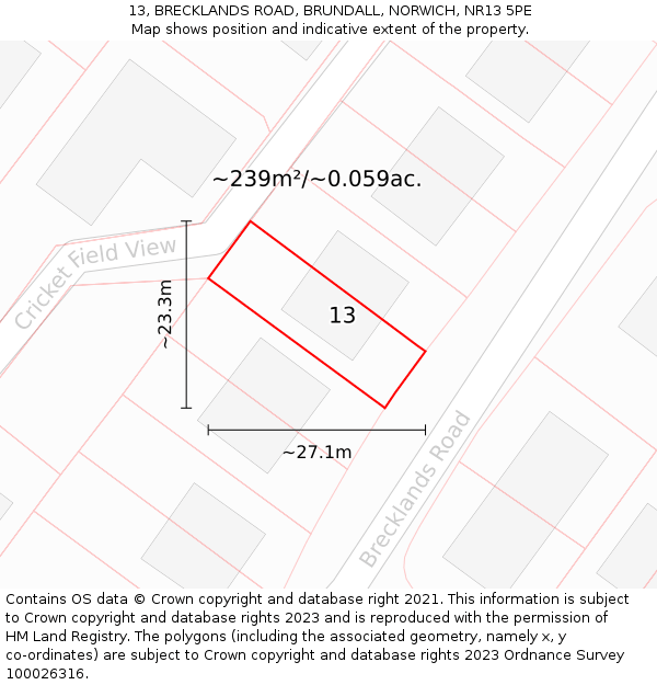 13, BRECKLANDS ROAD, BRUNDALL, NORWICH, NR13 5PE: Plot and title map